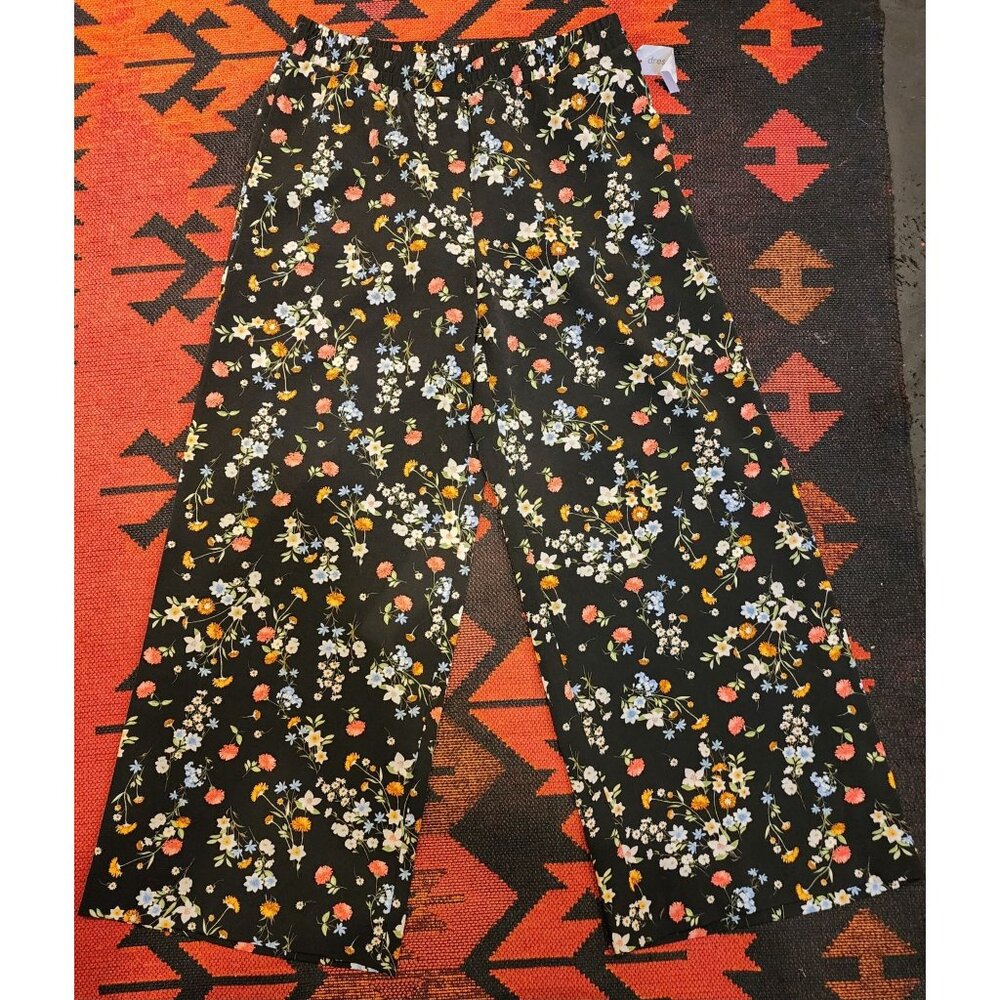 NEW Roz & Ali Womens Floral Wide-Leg Pants Black Elastic Waist Lightweight Small